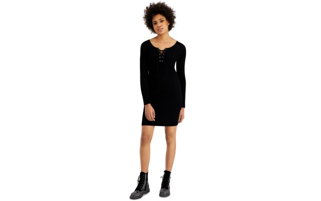  Juniors’ Lace Up Sweater Dress, Black, Small