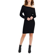 Hippie Rose Juniors’ Off-the-Shoulder Long-Sleeve Sweater Dress – Black, X-Small