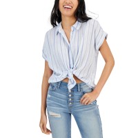 Hippie Rose Juniors’ Printed Textured Short-Sleeve Shirt, Ivory Vertical, Medium