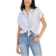Hippie Rose Juniors’ Printed Textured Short-Sleeve Shirt, Ivory Vertical, Medium