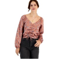 Hippie Rose Juniors’ Ruched-Front Satin Top, Mocha Rose Foral, Small