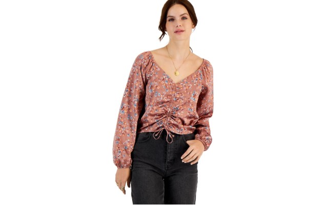  Juniors’ Ruched-Front Satin Top, Mocha Rose Foral, Small