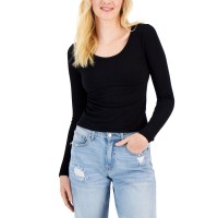 Hippie Rose Juniors’ Seamless Long-Sleeve Scoop-Neck Top, Black, XL