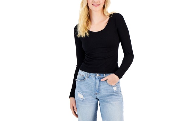  Juniors’ Seamless Long-Sleeve Scoop-Neck Top, Black, XL