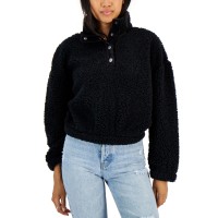Hippie Rose Juniors’ Sherpa Snap-Neck Pullover, Black, Medium