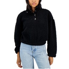 Hippie Rose Juniors’ Sherpa Snap-Neck Pullover, Black, Medium