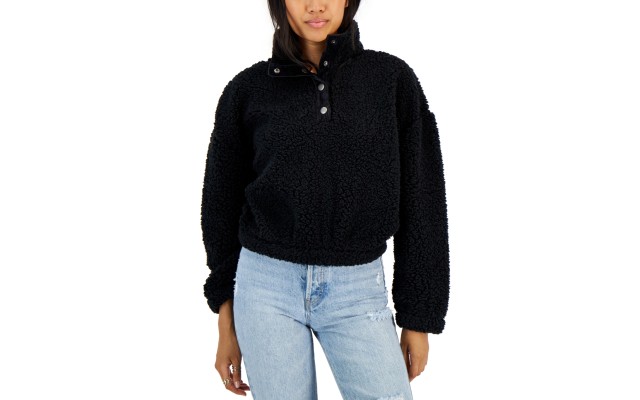  Juniors’ Sherpa Snap-Neck Pullover, Black, Medium