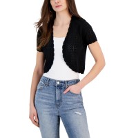 Hippie Rose Juniors’ Short Sleeve Pointelle Cardigan Sweater, Black, Small