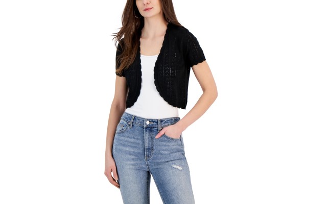  Juniors’ Short Sleeve Pointelle Cardigan Sweater, Black, Small