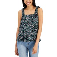 Hippie Rose Juniors’ Square-Neck Tie-Strap Smocked Top, Black Multi Floral, Small