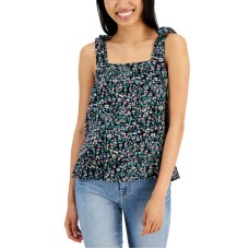 Hippie Rose Juniors’ Square-Neck Tie-Strap Smocked Top, Black Multi Floral, Small