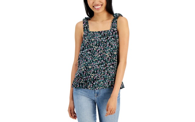  Juniors’ Square-Neck Tie-Strap Smocked Top, Black Multi Floral, Small