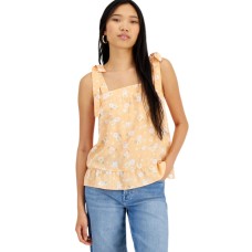 Hippie Rose Juniors’ Square-Neck Tie-Strap Smocked Top, Coral, Small