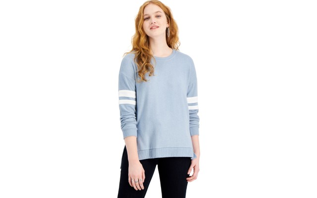  Juniors’ Striped-Sleeve Top, Blue Combo, Large