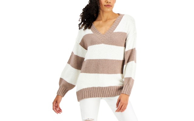  Juniors V-Neck Tunic Sweaters, Beige, Medium