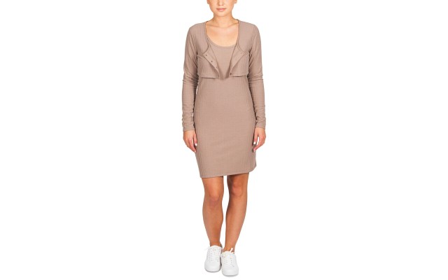  Womens Stretch Ribbed Button Front Long Sleeve Bolero Jacket, Dark Beige/XL