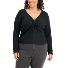Hippie Rose Women’s Trendy Plus Size Twist-Front Top, Black, 2X
