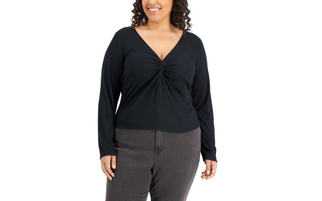  Women’s Trendy Plus Size Twist-Front Top, Black, 2X