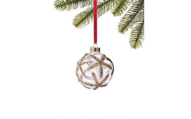  At The Beach And Seaside Clear Ball with Gold-Tone Glittered Sea Stars Ornament