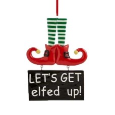 Holiday Lane Boots With Let’s Get Elfed Up Sign Tree Ornament