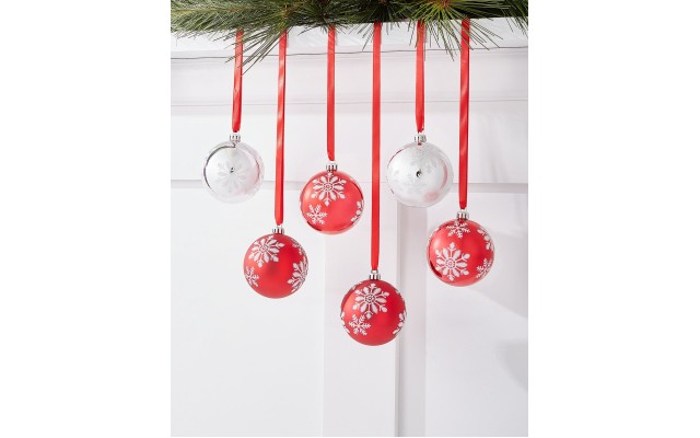  Christmas Cheer Set of 6 Shatterproof Decorated Ball Ornament, Red/Silver