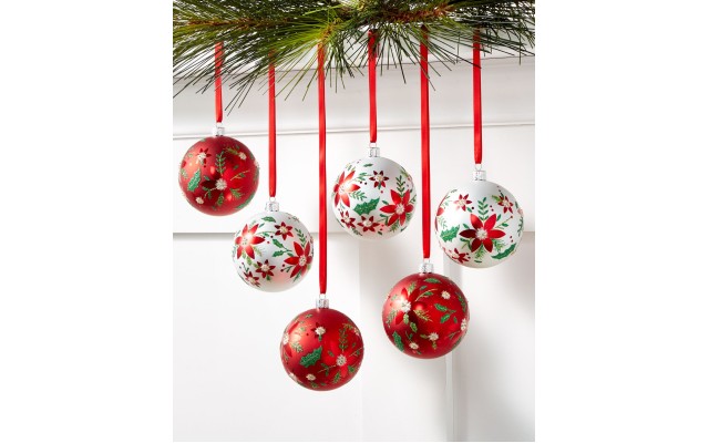  Christmas Cheer Set of 6 Shatterproof White and Red Flower Pattern