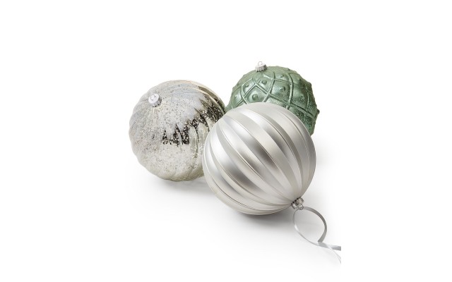  Cozy Christmas Set of 3 Shatterproof White, Green and Silver-Tone Ball Ornaments