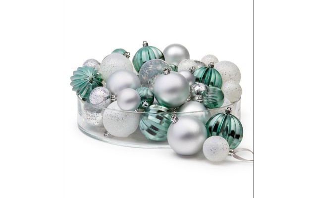 Holiday Lane Cozy Christmas Set of 50 Shatterproof White, Green & Silver-Tone Ball Ornament
