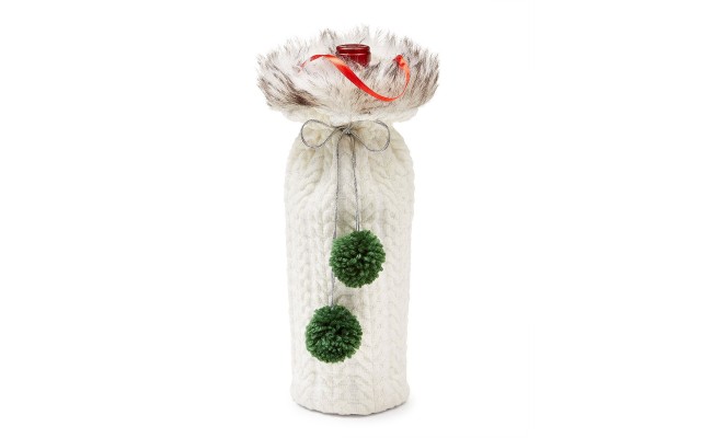  Cozy Christmas White Knit Sweater Bottle Cover with Pompoms