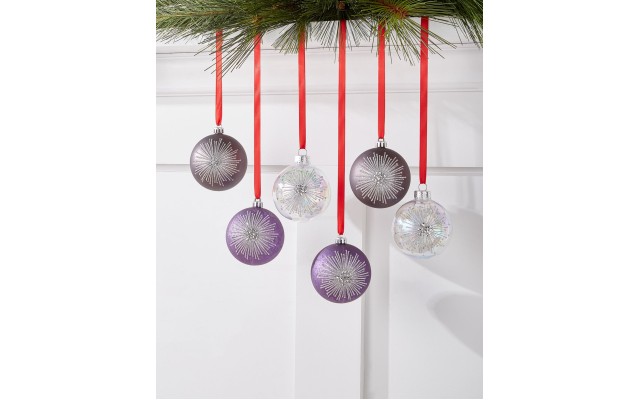  Royal Holiday Set of 6 Shatterproof Gray, Purple & Clear Ball Ornament
