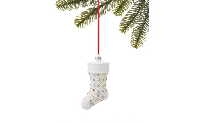 Holiday Lane Shine Bright White Stocking with Silver-Tone & Gold-Tone Snowflakes
