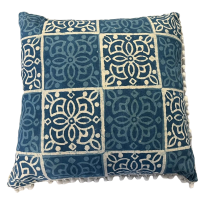 Homey Cozy Printed Cotton Square Decorative Pillow with Mini Tassels, Blue, 20X20
