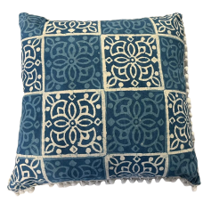 Homey Cozy Printed Cotton Square Decorative Pillow with Mini Tassels, Blue, 20X20