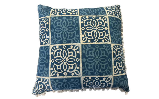  Printed Cotton Square Decorative Pillow with Mini Tassels, Blue, 20X20