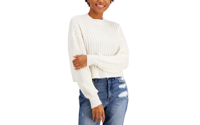  Juniors’ Fluffy Rib-Knit Cropped Sweater, Spiritual Vanilla, Small