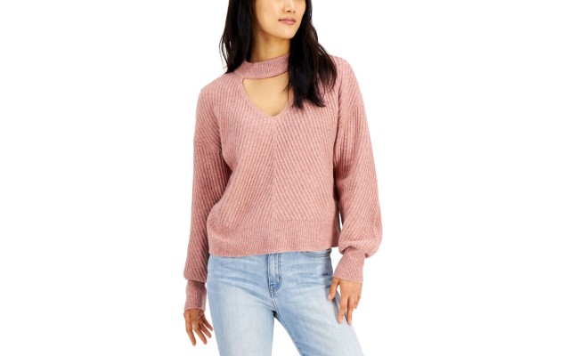  Juniors’ Mossy Choker Sweater  (Pink, M)
