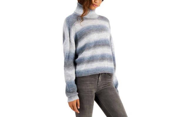  Juniors’ Spacedye-Striped Turtleneck Sweater ,Grey, Large