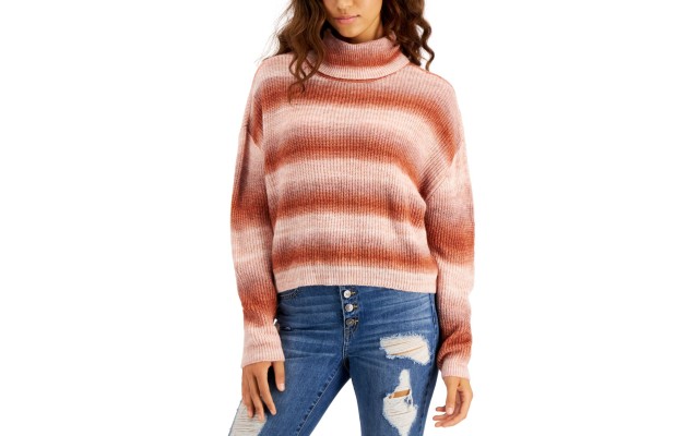  Juniors’ Spacedye-Striped Turtleneck Sweater, Rust Ombre Spacedye, Large