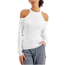 Hooked Up by Iot Juniors’ Stud-Embellished Cold-Shoulder Sweater, White, XL