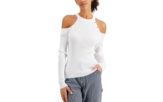  Juniors’ Stud-Embellished Cold-Shoulder Sweater, White, XL