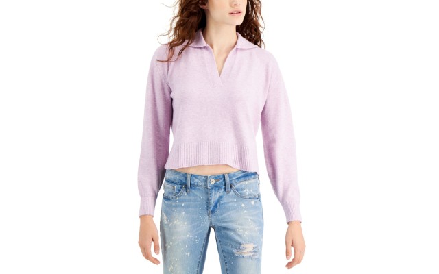  Juniors’ V-Neck Collared Sweater, Purple, X-Large