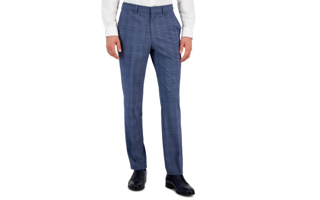  Men’s Modern-Fit Plaid Wool Blend Suit Trousers – Blue, 30R