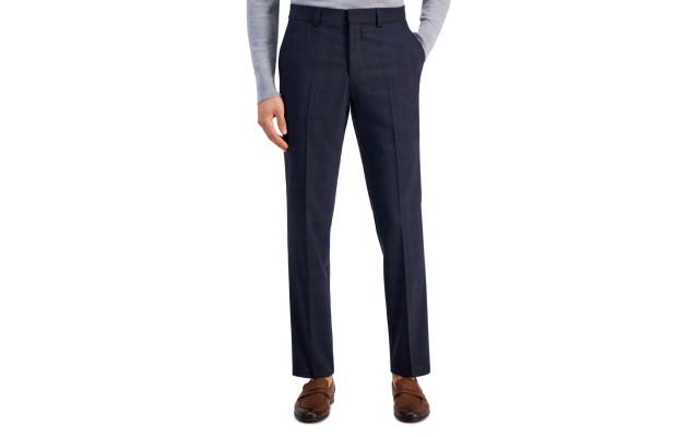  Men’s Modern-Fit Plaid Wool Blend Suit Trousers – Navy, 38R
