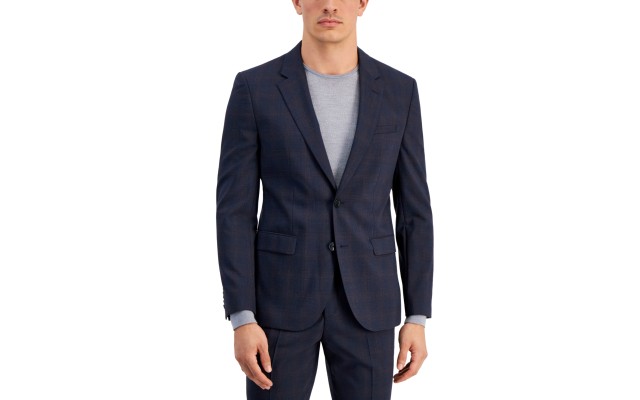  Men’s Modern-Fit Wool Blend Check Suit Jacket, Navy, 38S