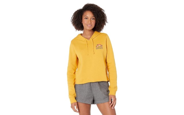  Juniors’ Shroom Cut Off Graphic Hoodie, Honey Gold, Medium