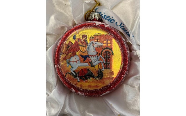 Icon Saint George Ball, Scenic Glass Ornament by , 3.5”