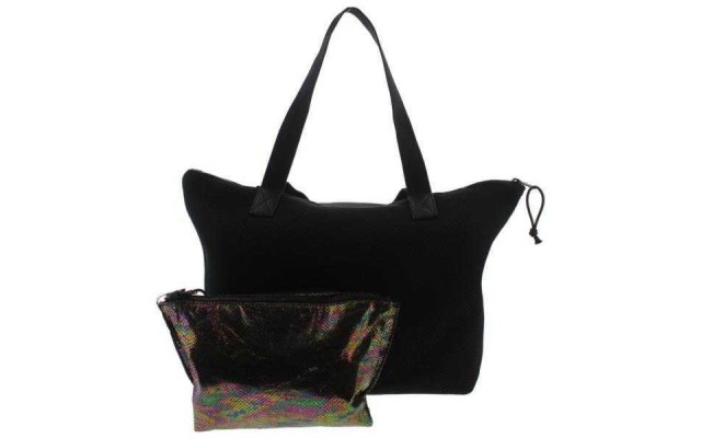  Womens Mesh Faux Trim Tote Handbag Black Large