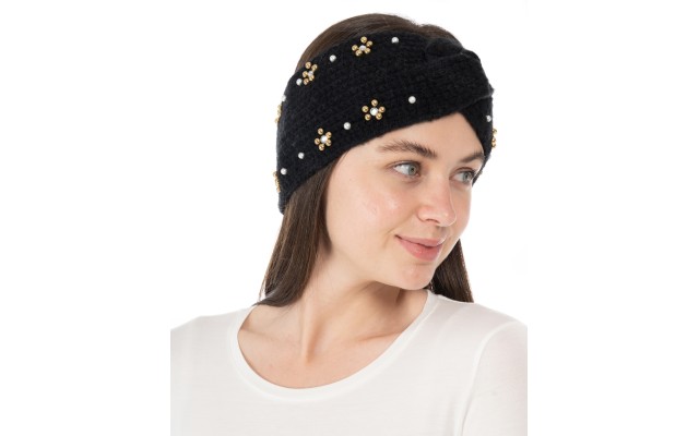  Embellished Knit Headband, Black