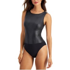 INC International Concepts Faux Leather Bodysuit, Black, Small