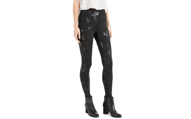  Floral-Embossed Compression Leggings, Black, X-Small